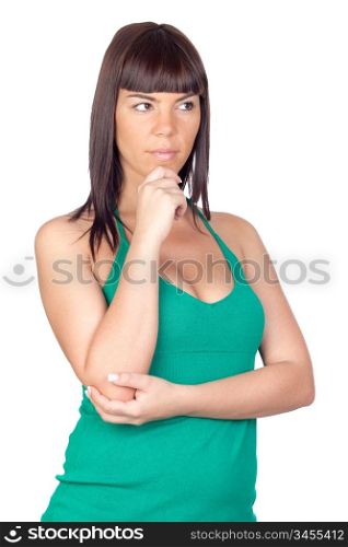 Pensive beautiful girl isolated on a over white background