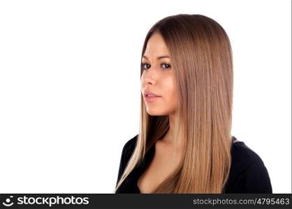 Pensive beautiful woman with a long blonde hair isolated on a white background