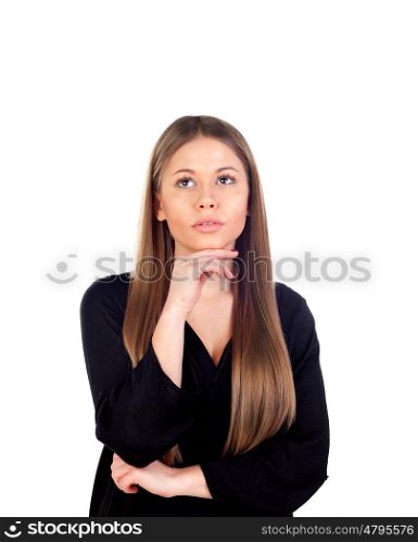 Pensive beautiful woman with a long blonde hair isolated on a white background