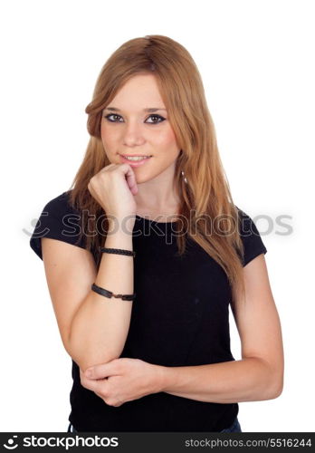 Pensive blond woman with black shirt isolated on white background