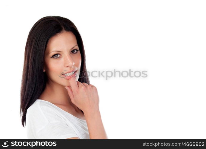Pensive brunette cool girl - isolated on white background