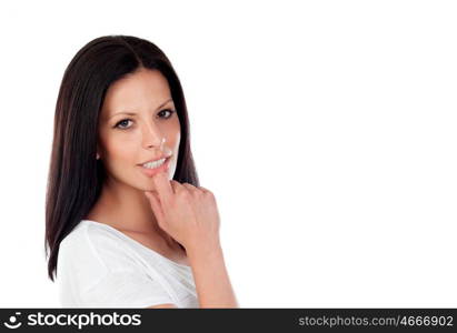 Pensive brunette cool girl - isolated on white background