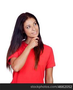 Pensive brunette girl dressed in red isolated on a white background