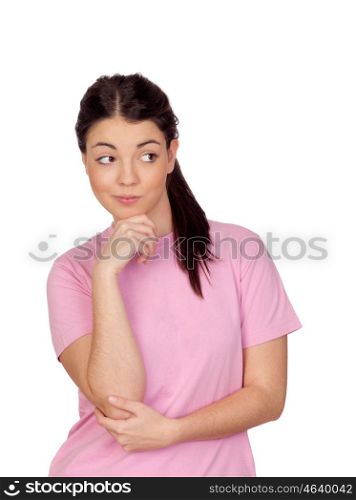 Pensive brunette girl isolated on white background