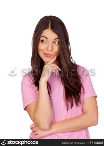 Pensive brunette girl isolated on white background