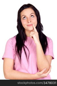 Pensive brunette girl smiling isolated on a over white background