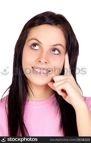 Pensive brunette girl smiling isolated on a over white background