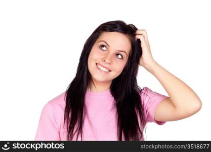 Pensive brunette girl smiling isolated on a over white background