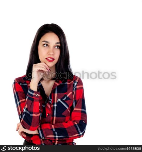 Pensive brunette woman isolated on a white background