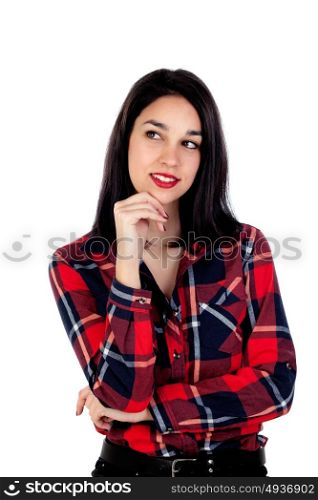 Pensive brunette woman isolated on a white background
