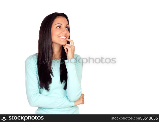 Pensive brunette woman isolated on white background