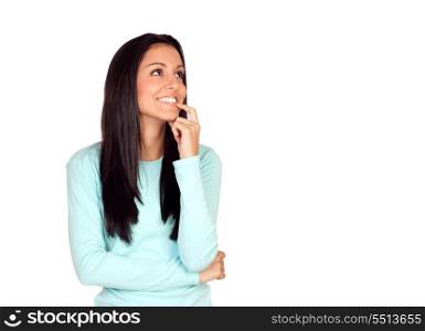 Pensive brunette woman isolated on white background