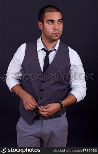pensive business man portrait on black background