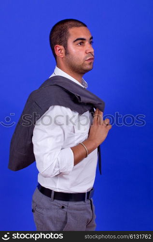 pensive business man portrait on blue background