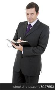 pensive businessman with a book in white background