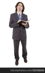 pensive businessman with a book in white background