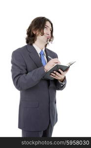 pensive businessman with a book in white background