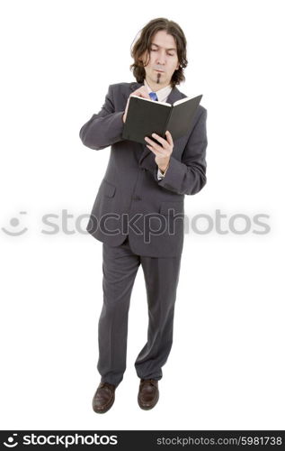 pensive businessman with a book in white background