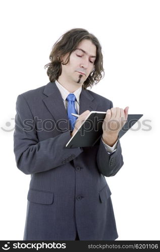 pensive businessman with a book in white background