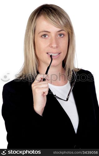 Pensive businesswoman with glasses isolated on white background