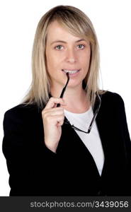 Pensive businesswoman with glasses isolated on white background