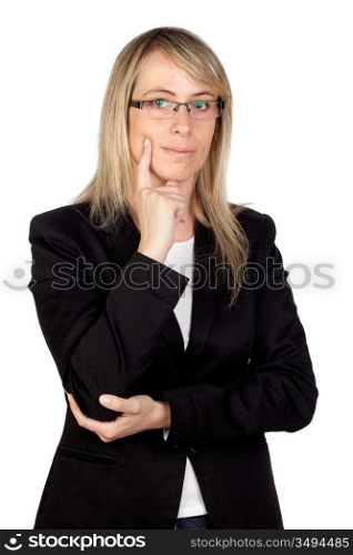 Pensive businesswoman with glasses isolated on white background