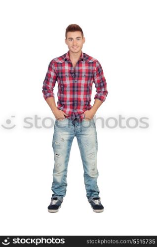 Pensive casual boy with plaid shirt isolated on white background