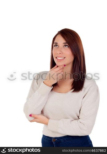 Pensive casual girl isolated on a white background