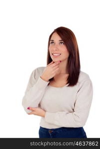 Pensive casual girl isolated on a white background