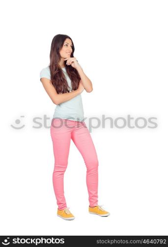 Pensive casual girl isolated on a white background