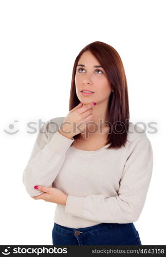 Pensive casual girl isolated on a white background