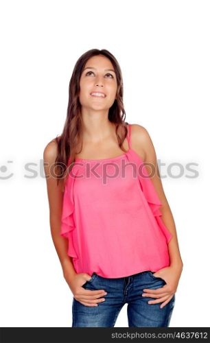 Pensive casual girl on pink isolated on a white background