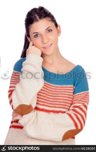 Pensive casual girl thinking isolated on a white background
