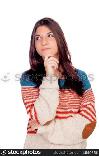 Pensive casual girl thinking isolated on a white background