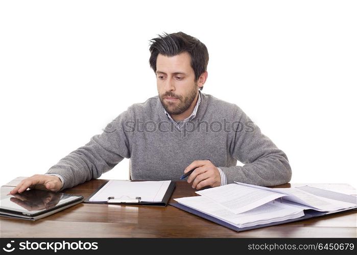 pensive casual man on a desk, isolated on white background