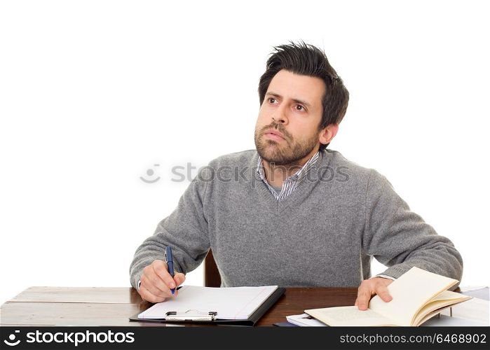 pensive casual man on a desk, isolated on white background