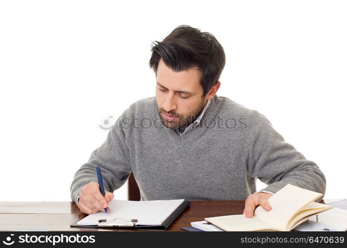 pensive casual man on a desk, isolated on white background. working