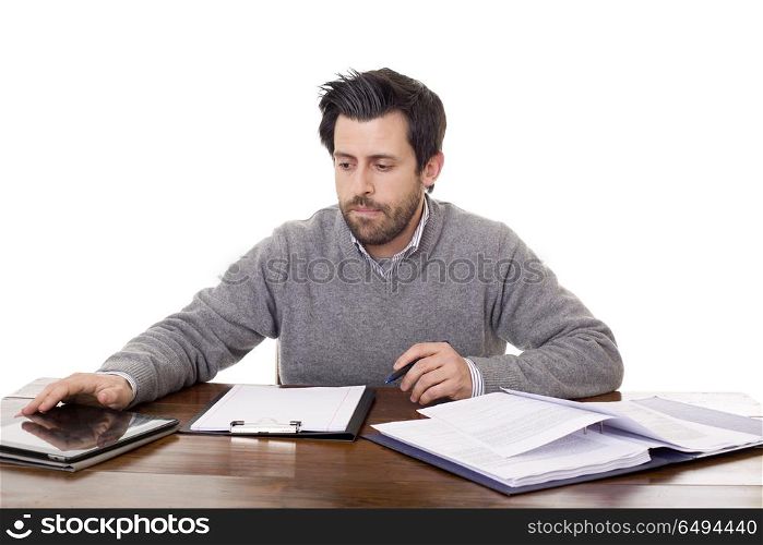 pensive casual man on a desk, isolated on white background. working