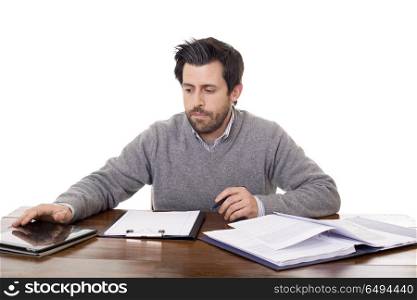 pensive casual man on a desk, isolated on white background. working