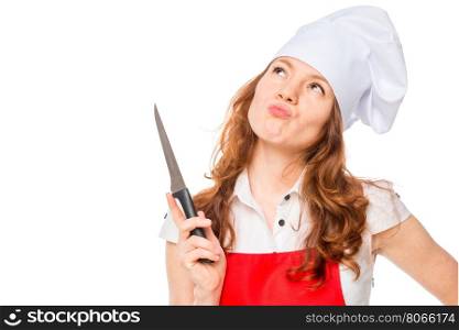 Pensive chef with a knife on a white background
