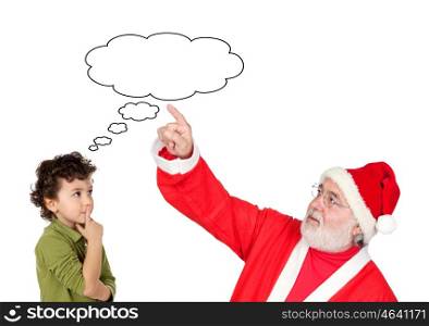 Pensive child and Santa Claus pointing his thought bubble isolated on a white background