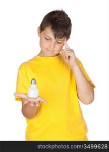 Pensive child with a bulb isolated on white background