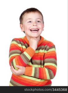 Pensive child with blond hair isolated on white background