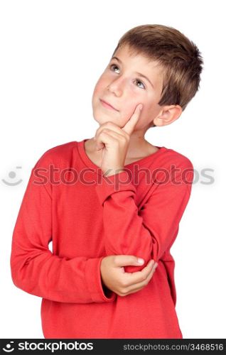 Pensive child with blond hair isolated on white background