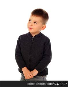 Pensive child with short hair isolated on a white background