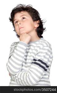 Pensive child with striped sweater isolated on white background