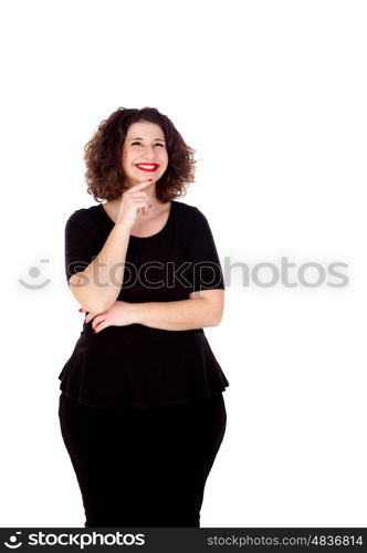 Pensive curvy girl with black dress isolated on a white background
