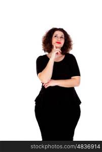 Pensive curvy girl with black dress isolated on a white background