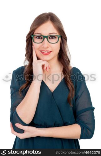 Pensive cute woman isolated on a white background