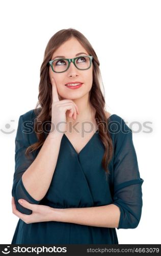 Pensive cute woman isolated on a white background